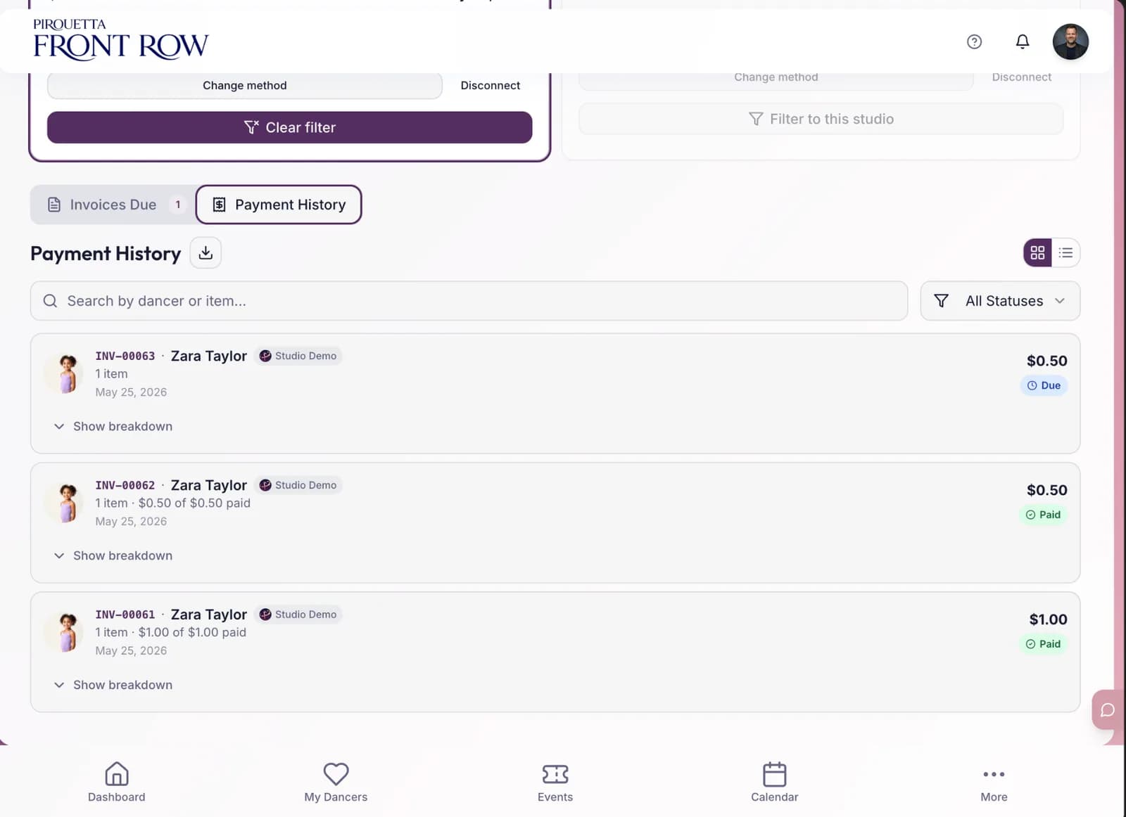 Front Row payments experience