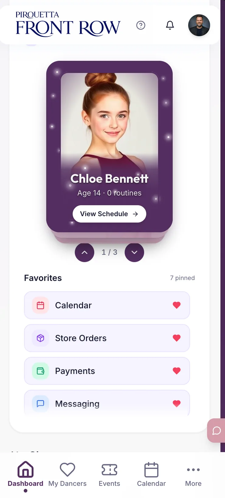Front Row dashboard showing a family participant and favorite shortcuts